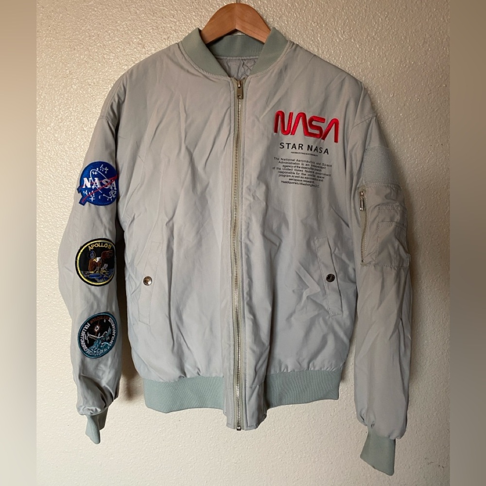 NASA Men’s Bomber Jacket Full Zip Apollo Patch Grey Size L